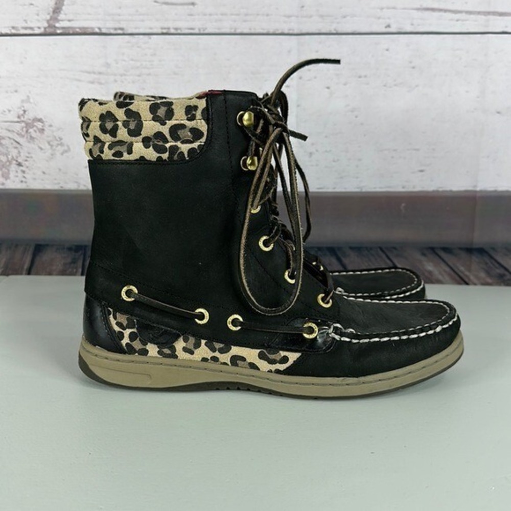 Sperry Boots Womens 7.5‎ Black Leather Leopard Lace High Ankle Hikerfish Outdoor